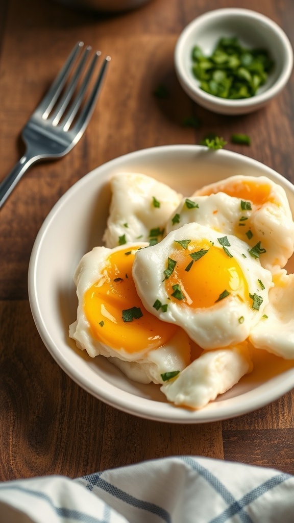 Air Fryer French Style Eggs Recipe Fluffy French style eggs garnished with herbs, served in a white dish on a rustic table.